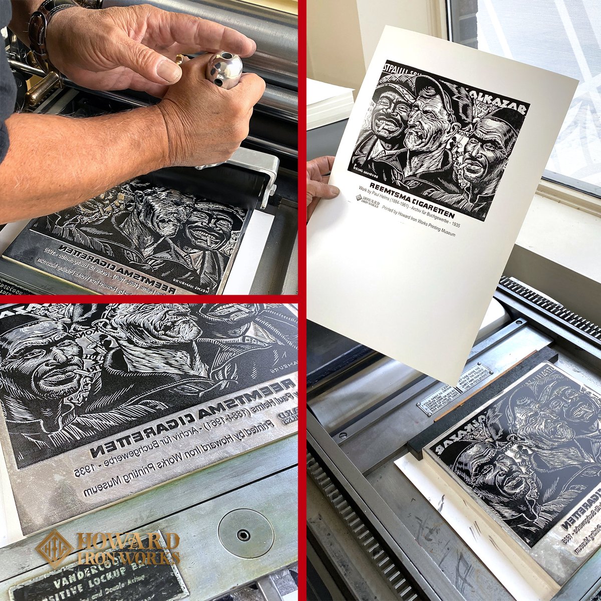 HowardIronWorks's tweet photo. Proofing Day 1 – Fun day at @hiw pulling proofs off some plates of images from the early 20th century on our #Vandercook #4. Among them are works by Lynn Ward, Paul Helms and others. Even #Gutenberg approves! #woodcut #copperetching #proofpress #letterpress https://t.co/46sPWtLAPf