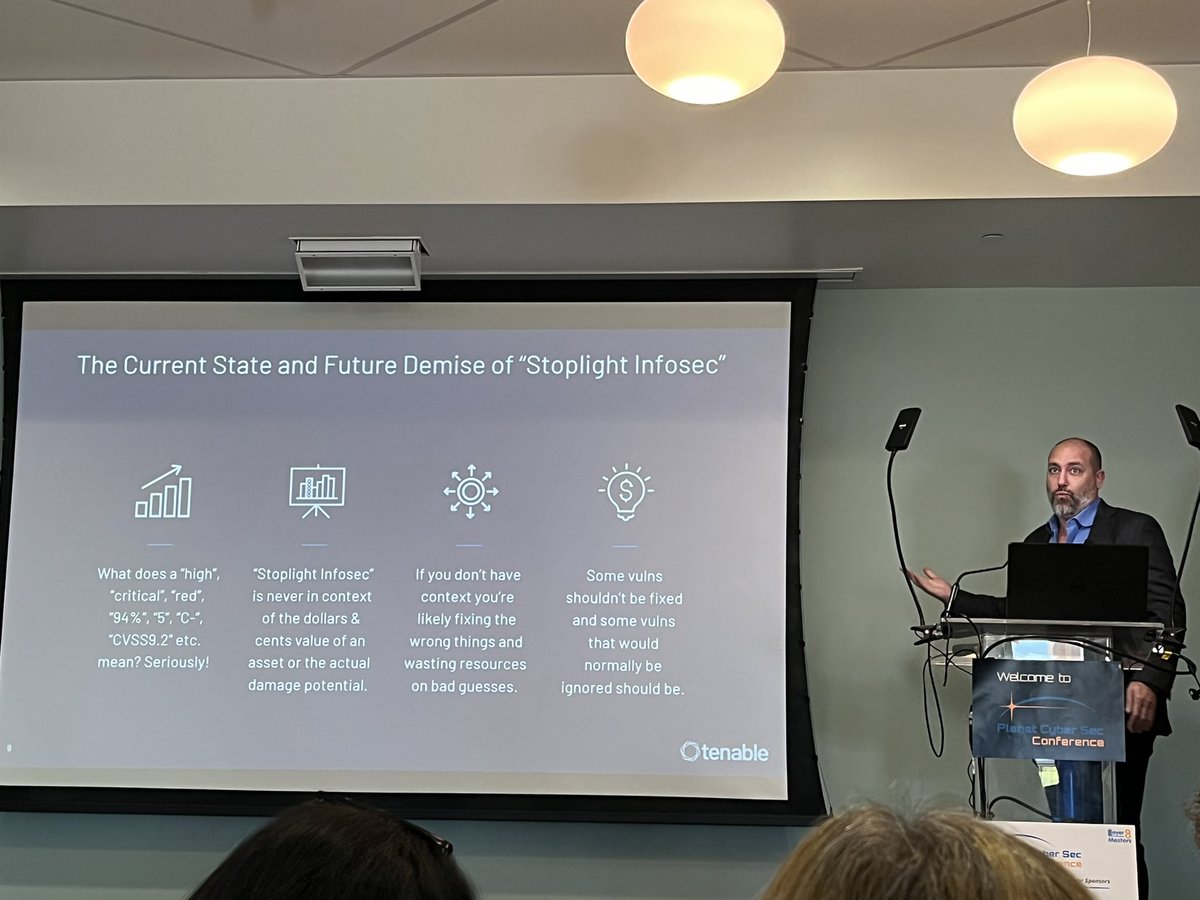 “Stoplight security” doesn’t give us the actual understanding of the risk. <a href="/RSnake/">Robert Hansen</a> at #AppSec SoCal <a href="/Layer8Masters/">Layer 8 Masters</a>