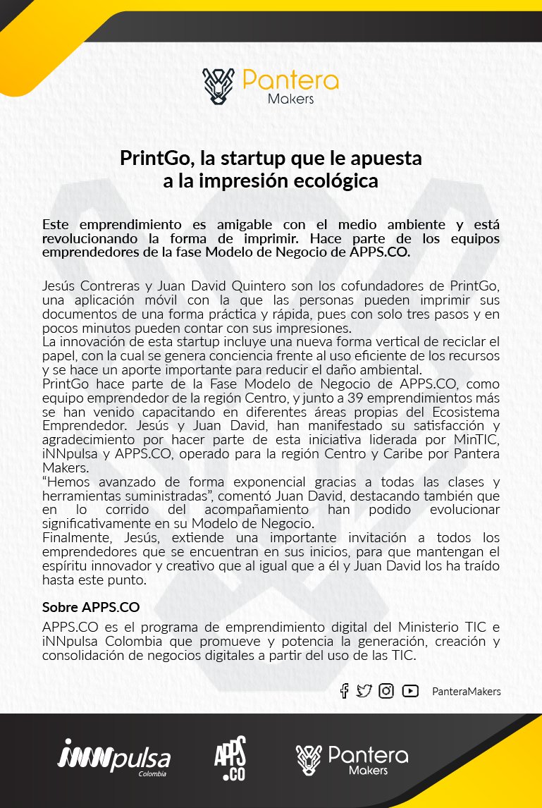 panteramakers's tweet image. Nos sentimos felices de compartirles la #historiainspiradora de #PrintGo. Un emprendimiento amigable con el medio ambiente y que está revolucionando la forma de imprimir, ellos hacen parte de #PlanModeloDeNegocio @InnpulsaCol @Ministerio_TIC @AppsCo