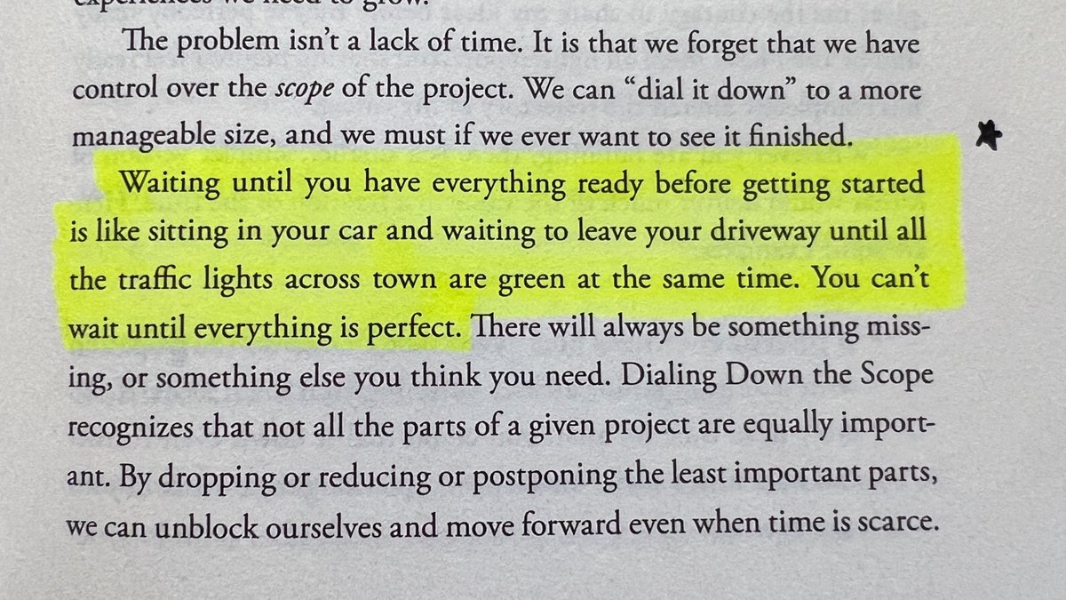 9/

"Waiting until you have everything ready before getting started is like sitting in your car and waiting to leave your driveway until all the traffic lights across town are green at the same time. You can't wait until everything is perfect."