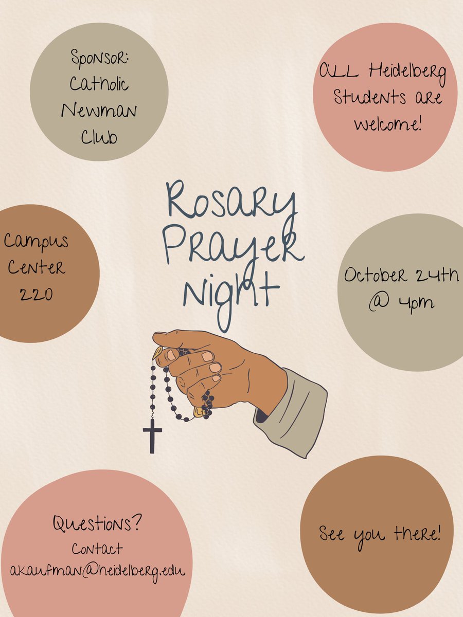 CatholicHu's tweet photo. Join us next Monday (October 24th) at our Rosary Prayer Night!! This event is open to ALL Heidelberg students!!🙏 https://t.co/JLMmawjHHB