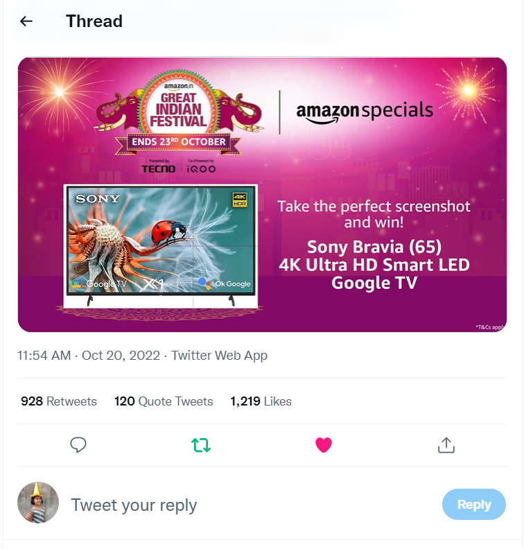 kktwts's tweet photo. @amazonIN Here's my perfect screenshot
@amazonIN

#SonyBravia4KUltraHDOnAmazonSpecials #AmazonGreatIndianFestival https://t.co/virswv1NO1