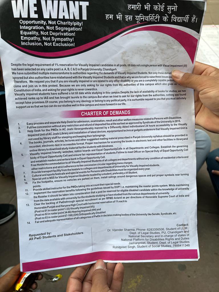 rajkaranbaidwan's tweet photo. It is a matter of shame that no one cares for these differently abled students of Panjab University.

Since elections are over no one will come to help them.

I stand with all these students and appeal to Panjab University authorities to accept their genuine demands. https://t.co/pAP1oGzG9m