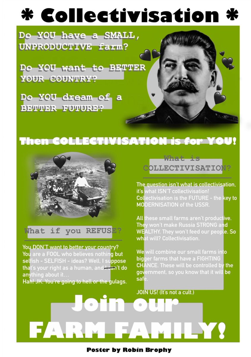 Some incredible examples of 3rd year History students creating their own propaganda on collectivisation in Communist Russia! Inspired by @MsStacyS 

@Sandym0untPark
#histedchat #histedchatie