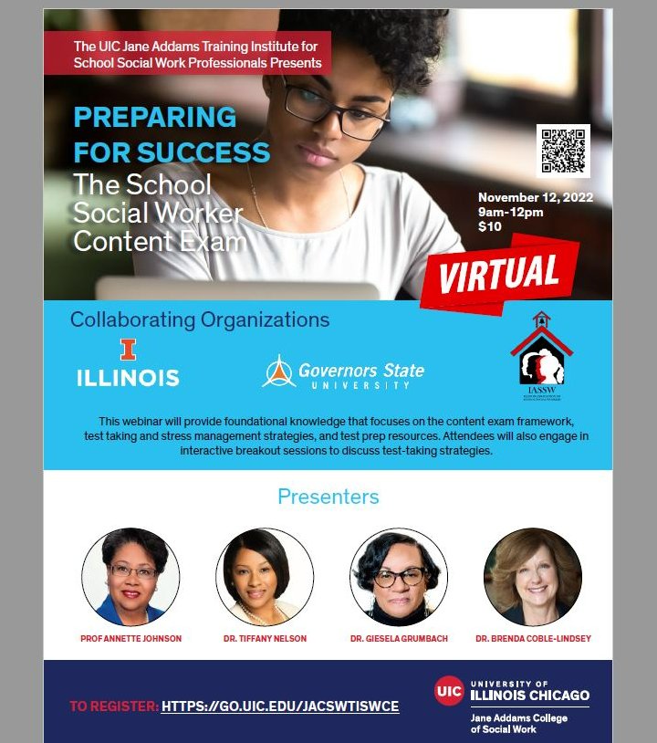 Going to take the School Social Worker Content exam soon? <a href="/JaneAddamsColl/">Jane Addams College of Social Work</a> is hosting a virtual prep class. Registration at -> bit.ly/3EY4um6