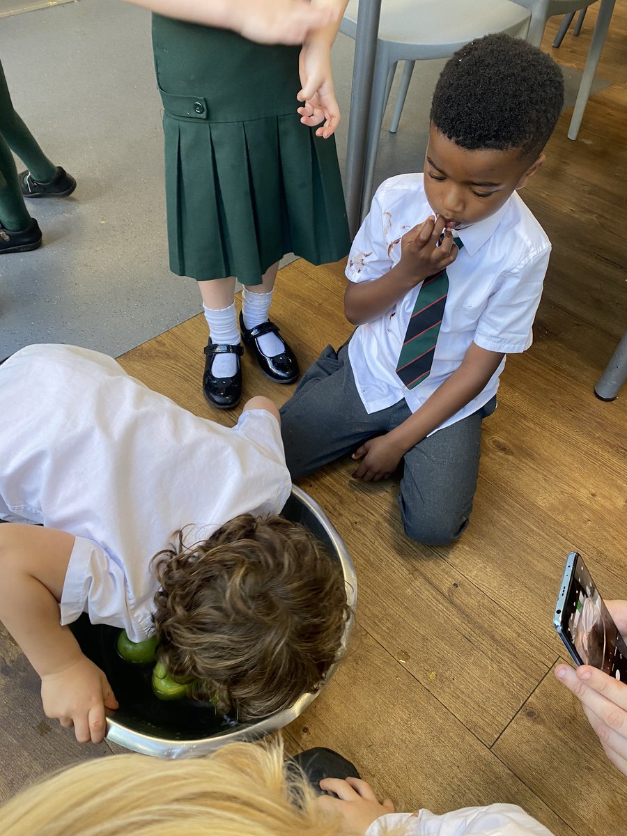 PlymColKitchen's tweet photo. Yr 1 Apple bobbing great fun  #halloween @PlymColPrepHead https://t.co/vXAxu3SvDj