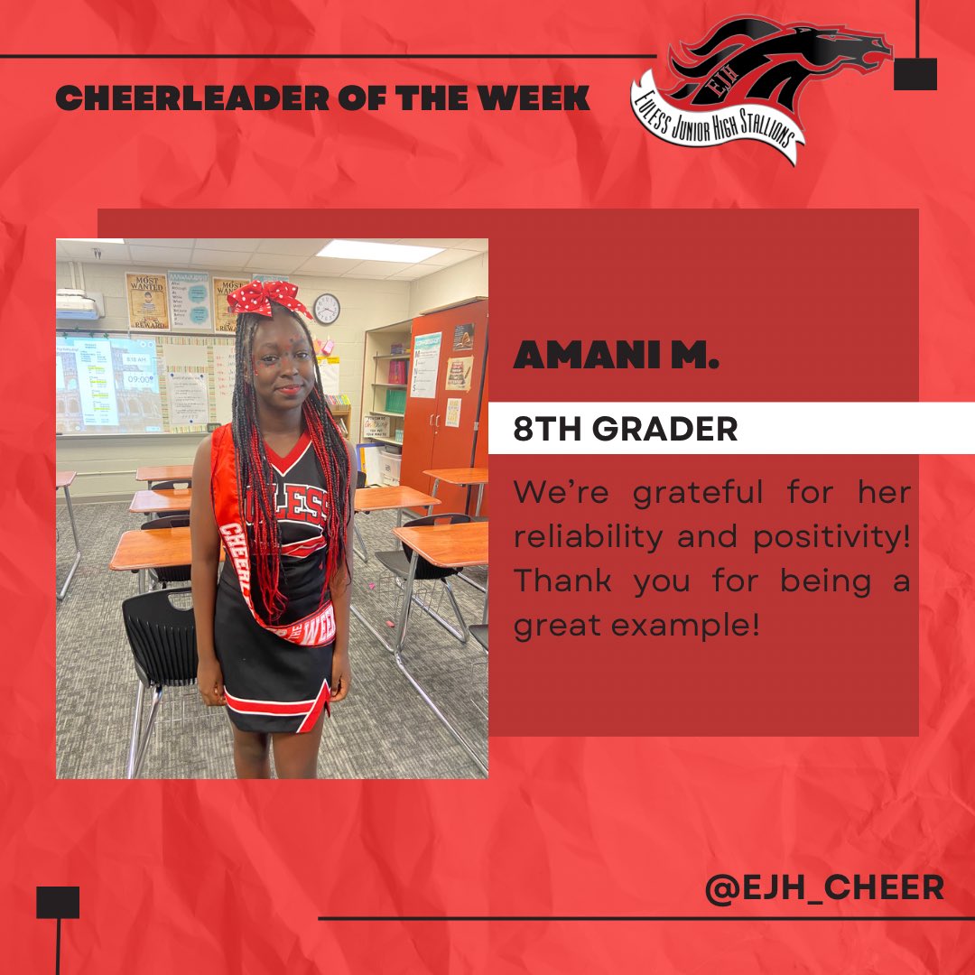 EulessCheer's tweet photo. Congrats to cheerleader of the week, Amani! ❤️🖤 #EJHStallionStrong https://t.co/SpMBouNK7Z
