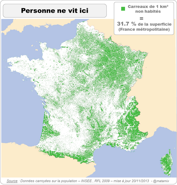 « Personne ne vit ici »

🟩 = un carré d'1km² dans lequel personne n'habite

Une carte signée <a href="/matamix/">@mat@mapstodon.space</a> réalisée en 2013