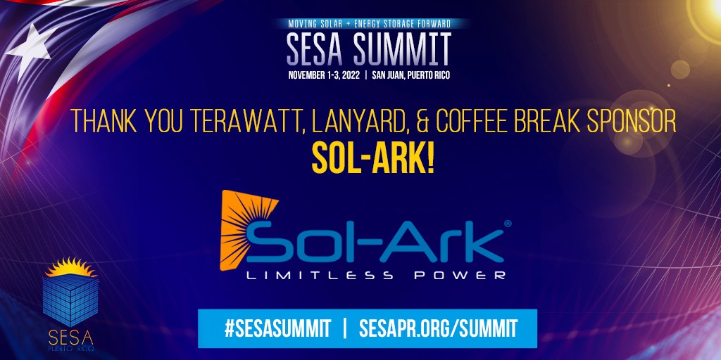 SESA_PR's tweet photo. Welcome @SolArkSolar as Terawatt Sponsor, Lanyard Sponsor & Coffee Break Sponsor of the #SESASummit, Nov. 1-3, 2022 in San Juan, PR. Let's collaborate to grow sustainable energy in PR!
Get your tickets here👇 https://t.co/tY181EPGIe
#SesaSummit #SesaPR https://t.co/r3nr2dXPeP