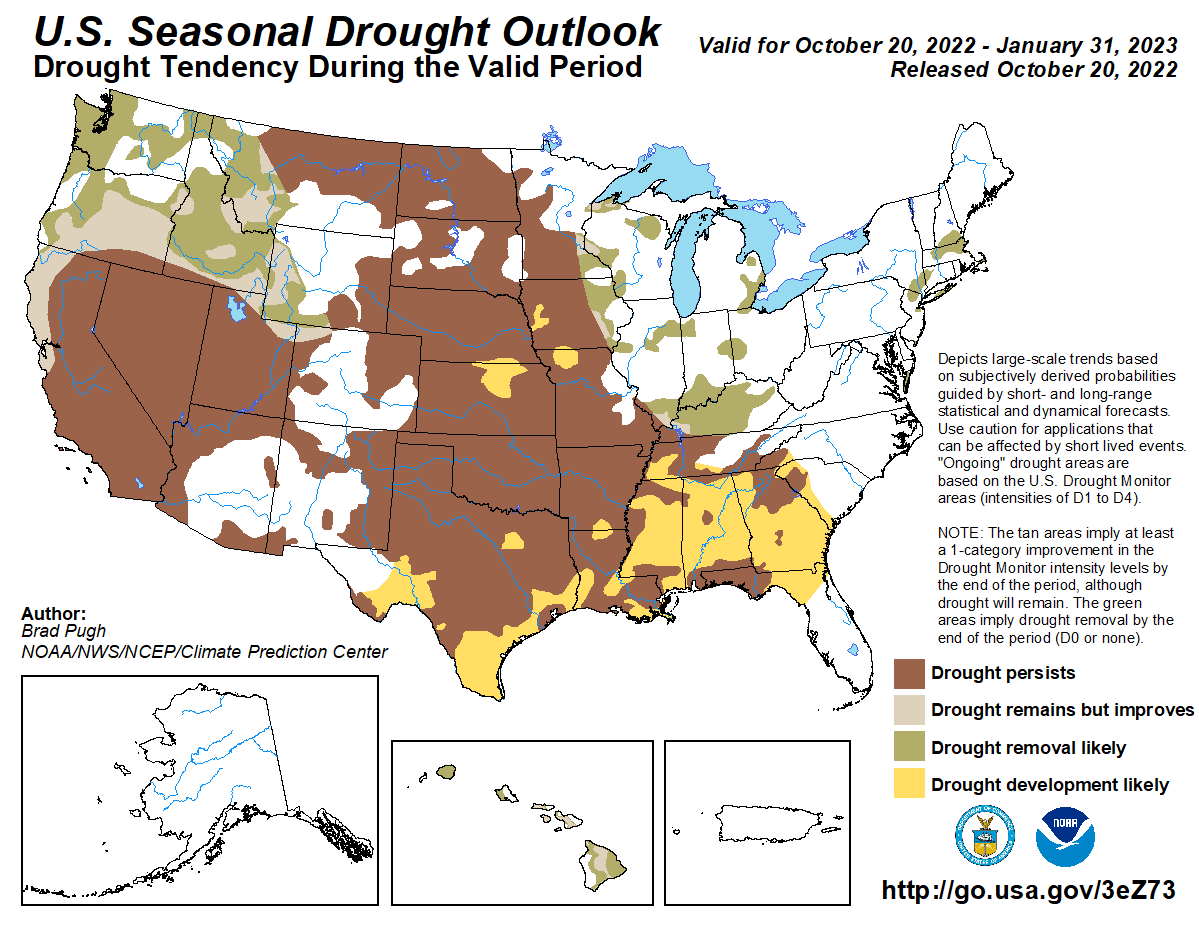 NOAADrought's tweet photo. New Seasonal Drought Outlook by @NOAA’s @NWSCPC
 
Big picture: Consistent with a potential 3rd straight La Nina winter, drought is expected to improve in parts of the northern US and develop in the southern US.

But overall, most existing drought persists. https://t.co/JkU1TvL6wM https://t.co/cCUw3l2XSG