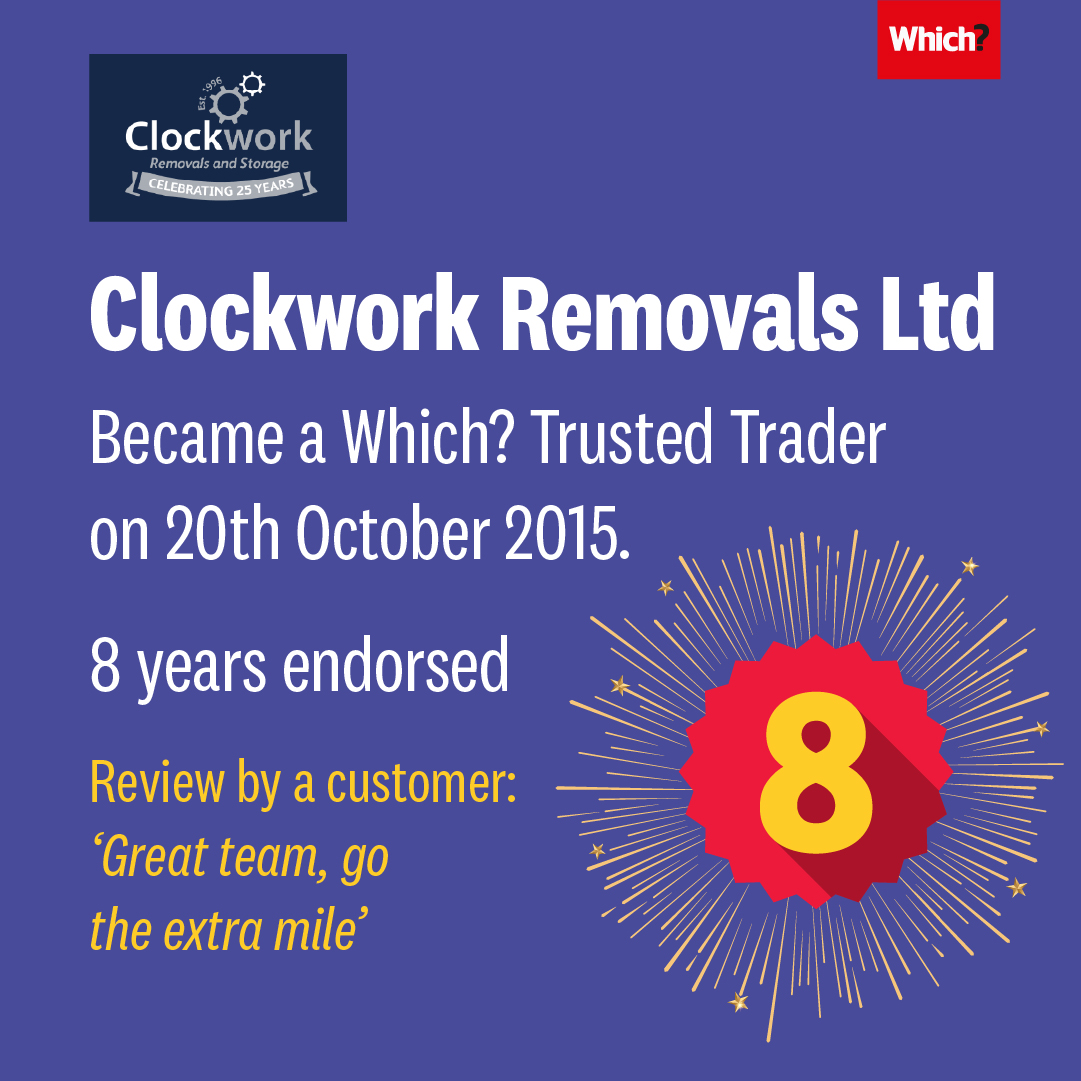 Eight years ago <a href="/ClockworkUK/">Clockwork Removals</a> became a Which? Trusted Trader! 🎉🥳

Congratulations on your TRADERversary! 😉