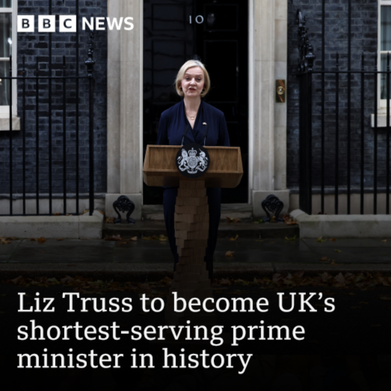 BBCNews's tweet photo. Liz Truss's departure after 45 days in office makes her the shortest-serving PM in UK history