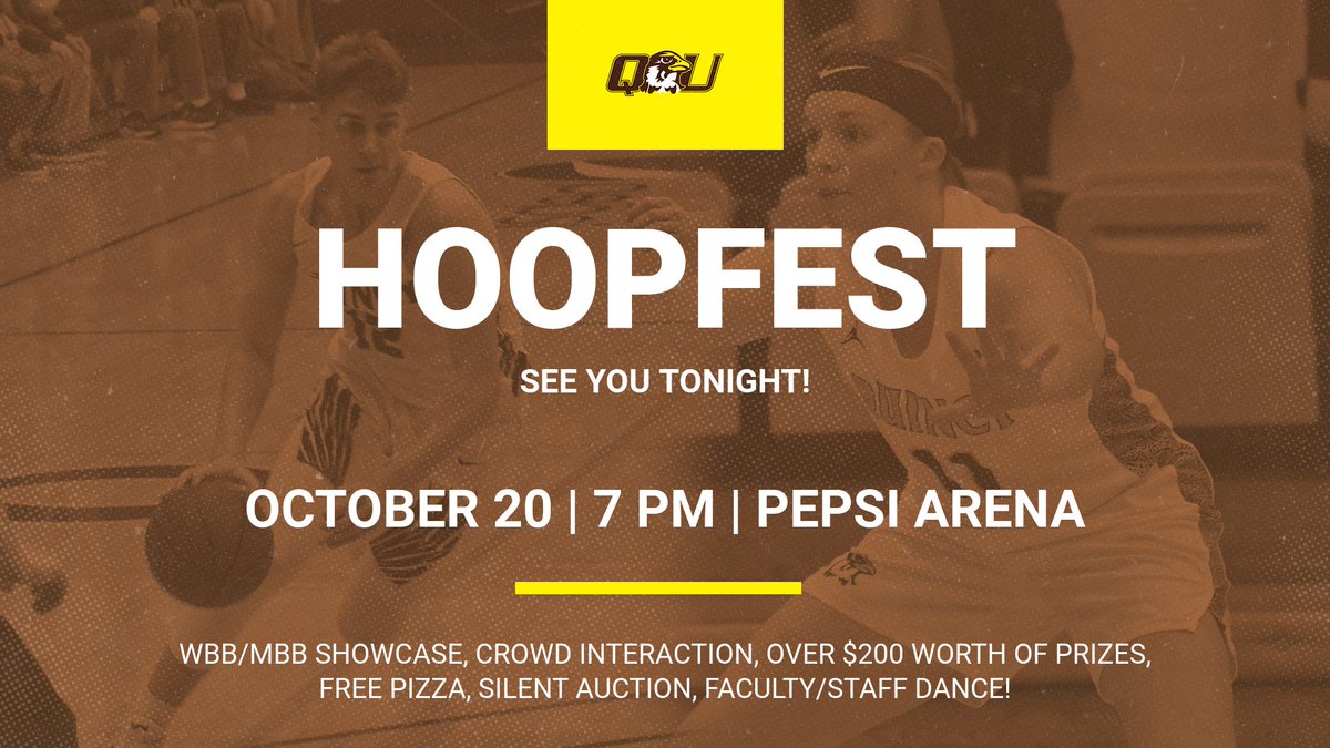 Join us tonight, 𝐎𝐂𝐓𝐎𝐁𝐄𝐑 𝟐𝟎 (doors open at 6:30 PM, event starts at 7 PM) at Pepsi Arena. Admission is free! #quincyuniversity #quincybasketball #quhawksmbb #quhawkswbb #hoopfest