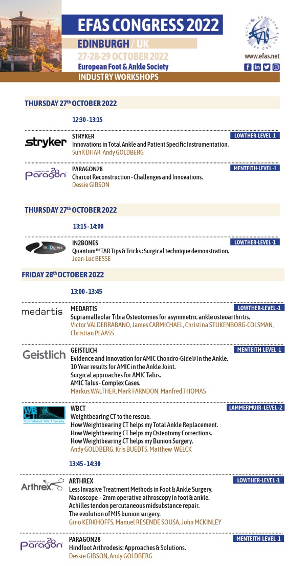 EFASnews's tweet photo. #EFAScongressedinburgh2022:
ATTEND #EFAS INDUSTRY WORKSHOPS!
THURSDAY 27 OCT:
12:30-13:15: @strykerfa & @28Paragon
13:15-14:00: @in2bones
FRIDAY 28 OCT:
13:00-13:45: @Medartis_Global & #Geistlich & @wbctsociety
13:45-14:30: @Arthrex & @28Paragon
https://t.co/fGyDSf8SGE https://t.co/ZoBtEi8dv5