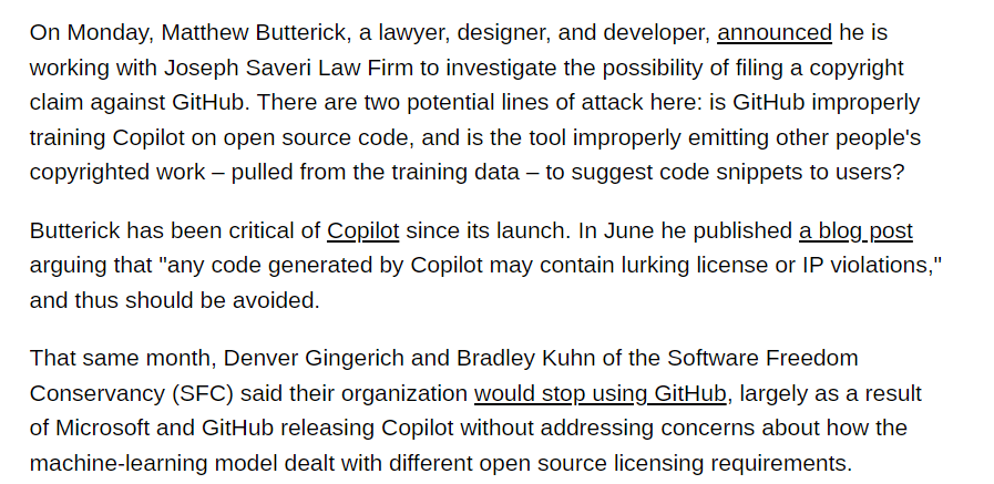 First signs of ethical issues popping up! Talked about this a while ago. This is a single point enough to lose a customer, get into lawsuit, total sunset of a product. GitHub Co-Pilot was hailed so much but cos are slowly discouraging devs from using it. AI without ethics = 0
