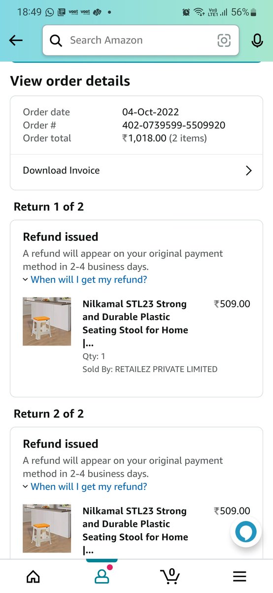 hoozaay's tweet photo. @amazonIN @delhivery @help_delhivery I've been trying to order stools from the 4th of October. @delhivery claimed the address was wrong for the 1st order. After multiple calls over 3 days and assurances by the "Escalation team" I gave up, cancelled and reordered stools. https://t.co/rLYiqPYQ8s