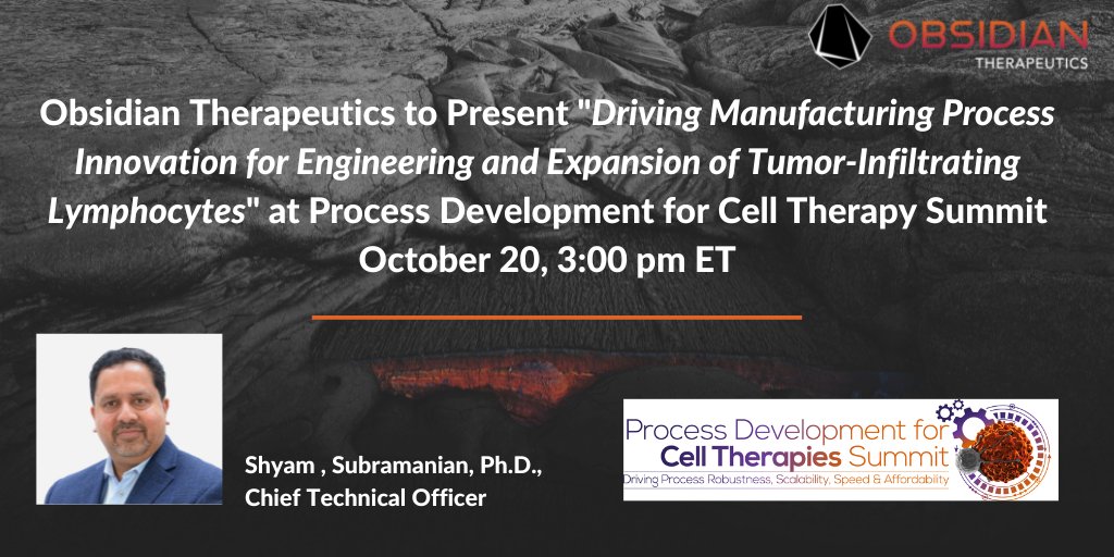 Obsidian Therapeutics (@obsidian_tx) on Twitter photo Obsidian’s Shyam Subramanian, Ph.D., #CTO, will be speaking today at the Process Development for #Cell Therapy Summit at 3:00 pm ET in Woburn, MA. 
 
Learn more: obsidiantx.com/news-releases/… Obsidian’s Shyam Subramanian, Ph.D., #CTO, will be speaking today at the Process Development for #Cell Therapy Summit at 3:00 pm ET in Woburn, MA. 
 
Learn more: obsidiantx.com/news-releases/…