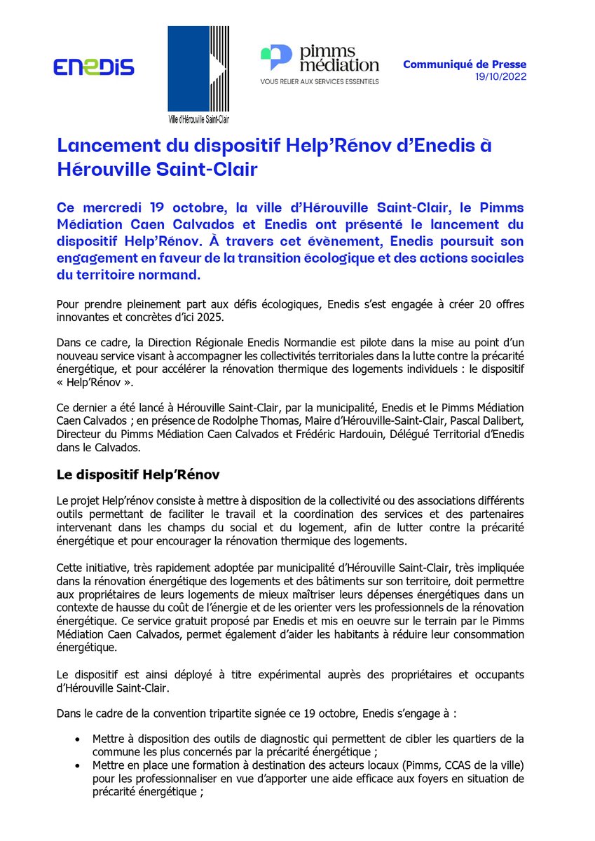 enedis_normand's tweet photo. Hier, @enedis dans le @CalvadosDep, le @PimmsCaenHSC  et @HSC_14200 ont lancé le dispositif Help'Rénov. Expérimenté par #Enedis en #Normandie, ce service a pour but d'accompagner les acteurs locaux dans la lutte contre la #PrecariteEnergetique. Plus d'infos ici ⤵️ https://t.co/IVOBKLhBsn