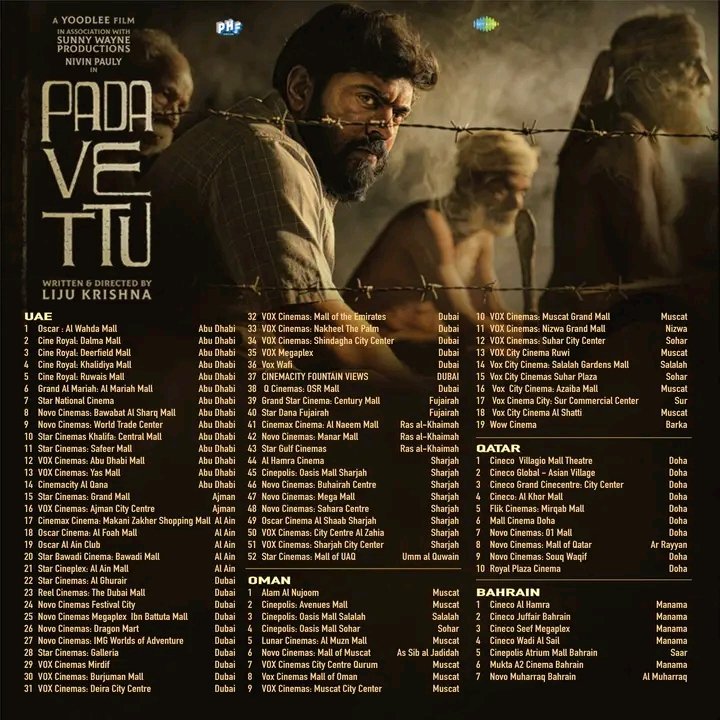 Mollywooduoffl's tweet photo. Kerala & GCC theatre list for #Padavett
Worldwide release from tomorrow!
@NivinOfficial #NivinPauly https://t.co/0kULurqRoq