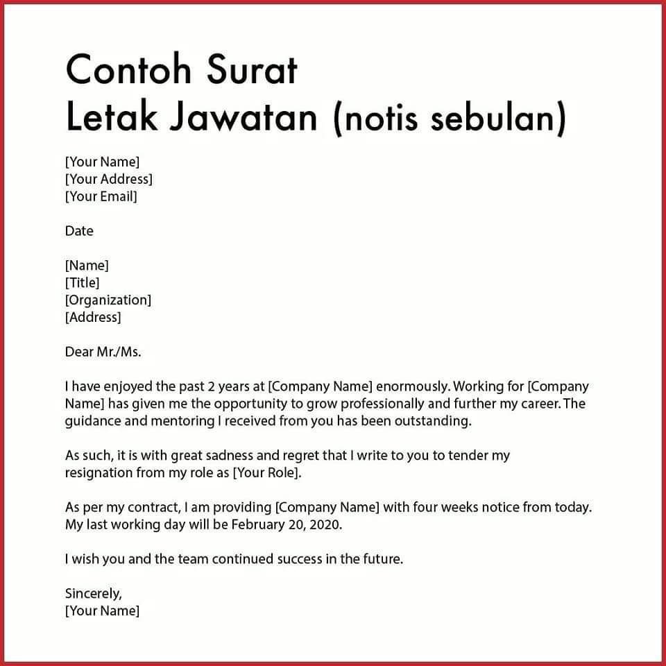 empayarkerjaya's tweet photo. Resignation letter. 

24 hours notice
2 weeks notice
1 month notice
Example in bahasa.

Semoga bermanfaat. https://t.co/YY8orExTLN