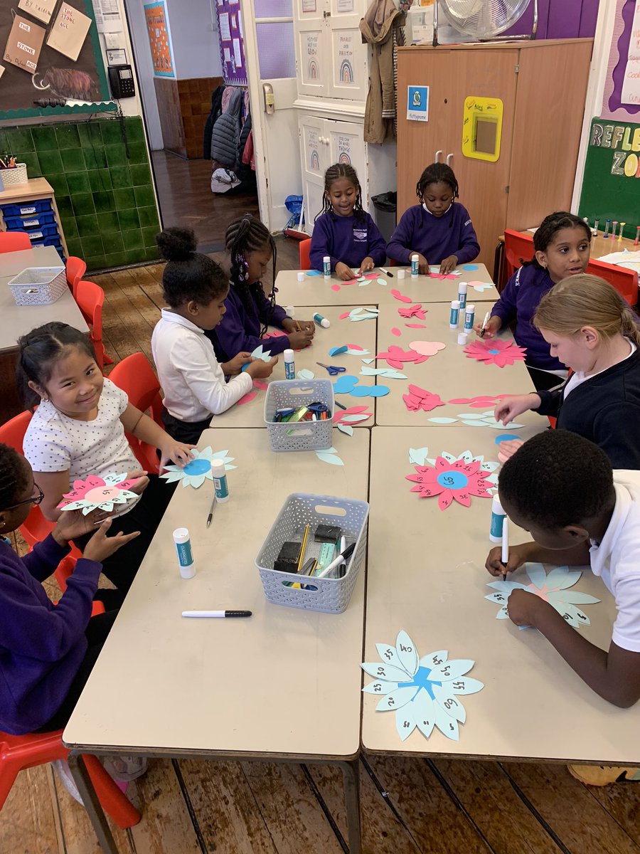 Year3BPPS's tweet photo. We made number snakes, times table flowers and painted our hands to help us count up in our 5 times tables! #practicalsolutions #makingmathspractical https://t.co/p88T5xjYq8