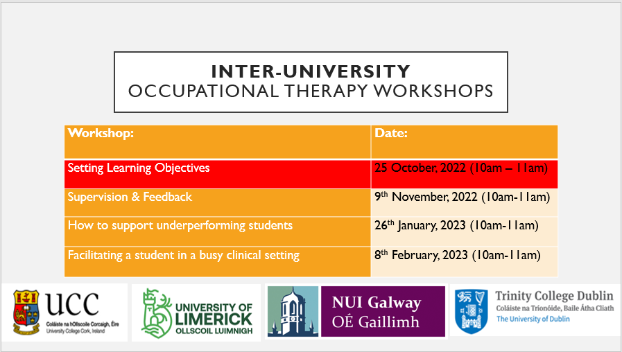 🔔Our OT Inter-University online sessions will start on Tuesday, 25th October and it will be facilitated by a variety of our highly experienced Practice Tutors, Regional Placement Facilitators and Practice Education Coordinators. To register:  eventbrite.ie/e/ot-pen-pract…