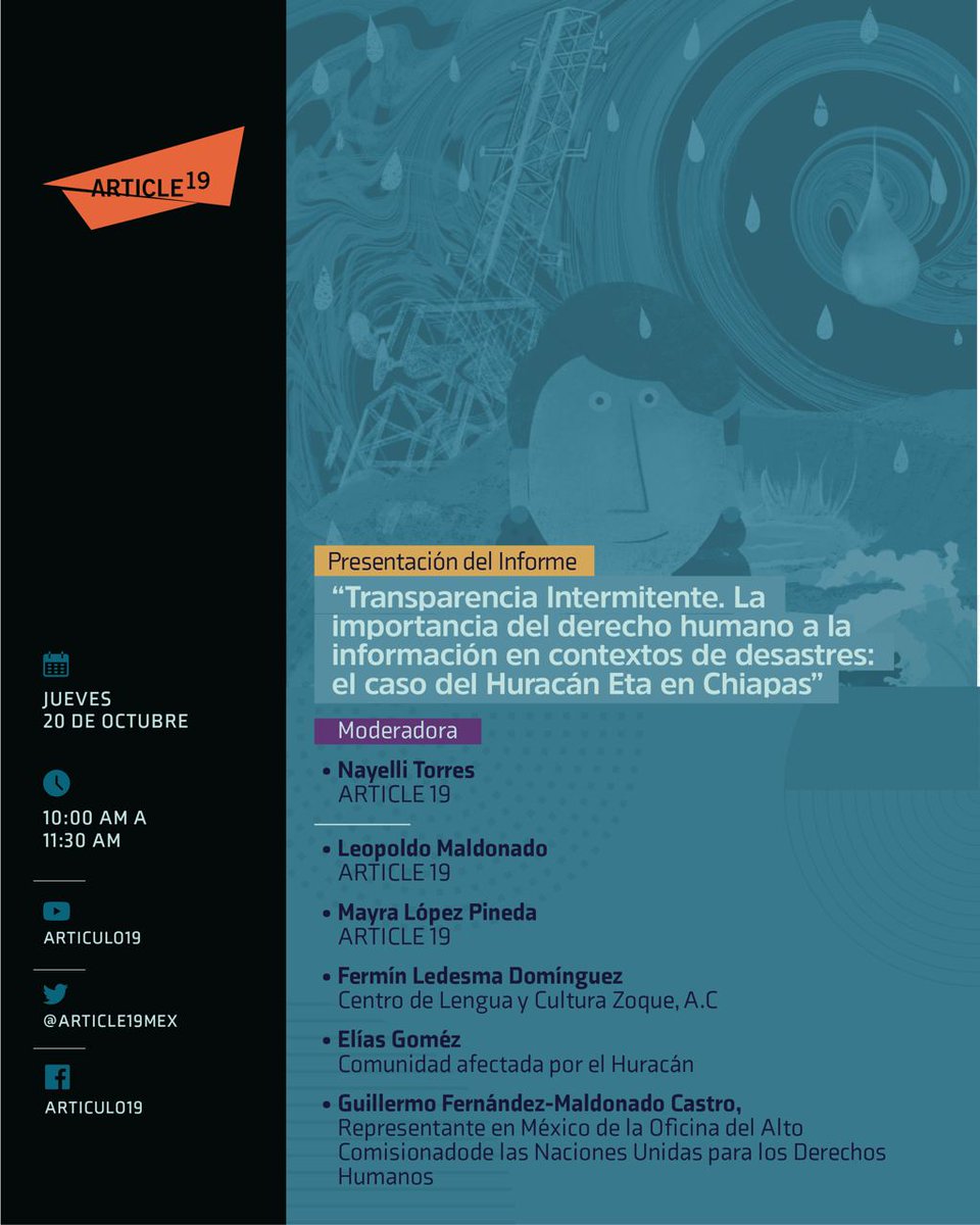 #EsHoy #20octubre 📌 @article19mex presenta informe sobre la importancia del derecho a la información en contextos de desastres. ⏰ 10:00 horas | 📡 Transmisión en línea ✅Participa Guillermo Fernández-Maldonado, Representante ONU-DH México