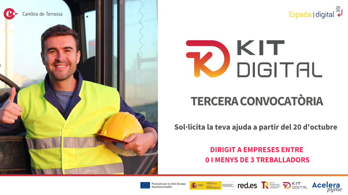 CambraTerrassa's tweet photo. 🚀Ets una empresa de 0 a 3 treballadors i vols digitalitzar el teu negoci? Ja s'ha obert la tercera convocatòria per a sol·licitar la subvenció del #KitDigital.

➡ Fins a 2.000€

Més informació 👉 https://t.co/RmHYwEGwwp

#PlanDeRecuperación #NextGenerationEU  #AceleraPyme https://t.co/ZjyXszi8om