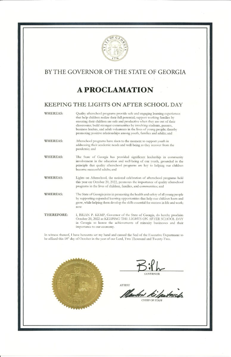 Today, October 20, is officially Keeping the Lights On After School Day in #Georgia! Thank you to @GovKemp for issuing this proclamation and acknowledging the importance of #afterschool for youth and families in our state! #LightsOnAfterschool