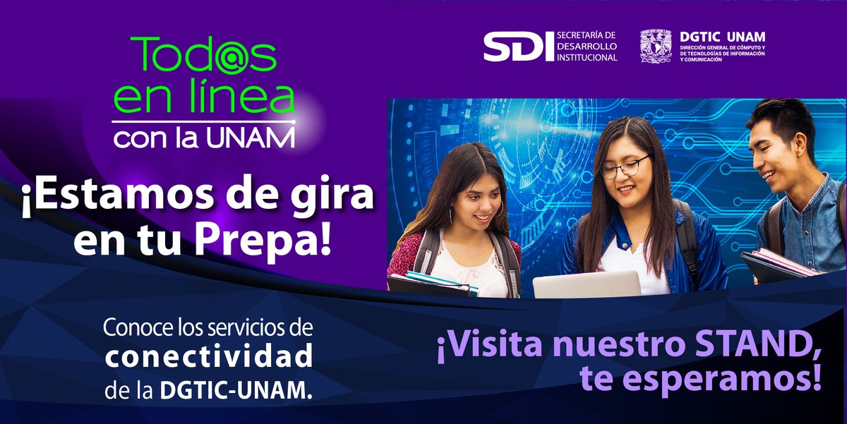 UNAMdigital's tweet photo. La #GiraDGTIC hoy visita por segunda ocasión la #Prepa7UNAM ¡Ven y conoce los servicios de conectividad #sincosto que tenemos para ti!
#DGTICentuPrepa #TodosenLíneaconlaUNAM #ENP7 #serviciosTIC https://t.co/I5gmrZK74c