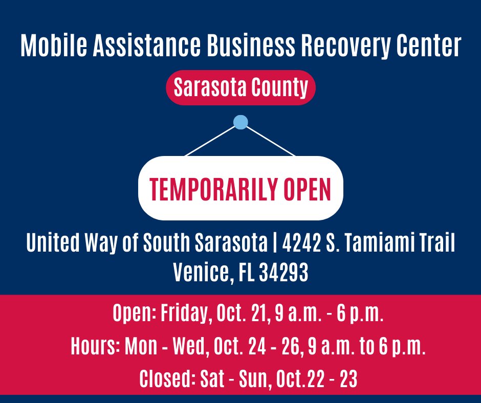 #ICYMI: A Mobile Business Recovery Center will be temporarily open tomorrow through Wednesday, October 26 in Venice, FL. (Closed Oct. 22-23) We will be available alongside SBA disaster specialists to help impacted small business owners apply for state and federal disaster loans.
