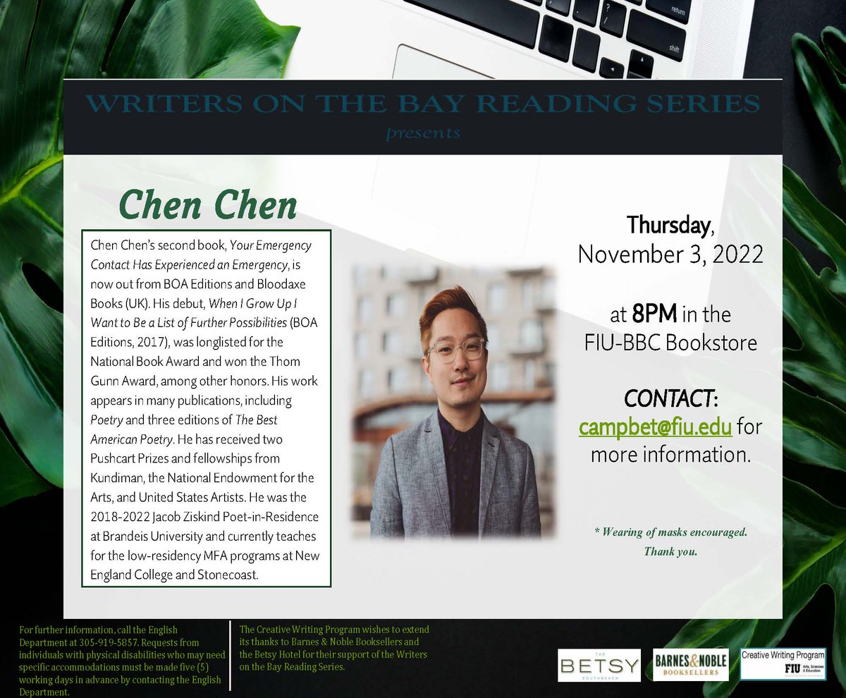 FIU_MFA's tweet photo. Two weeks from today, our next MFA Creative Writing Program at FIU visiting writer, poet Chen Chen, will join us. Hope you will too! https://t.co/77bKps8blE
