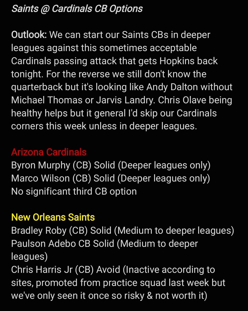 #FFIDP Thurs night game streaming CB options, last week I was 69% accurate on 61 recommendations, 75% accuracy for the season. 32% of all correct calls have doubled, tripled or more their projection. Full article drops Friday morning at idpguys.org Good luck this week