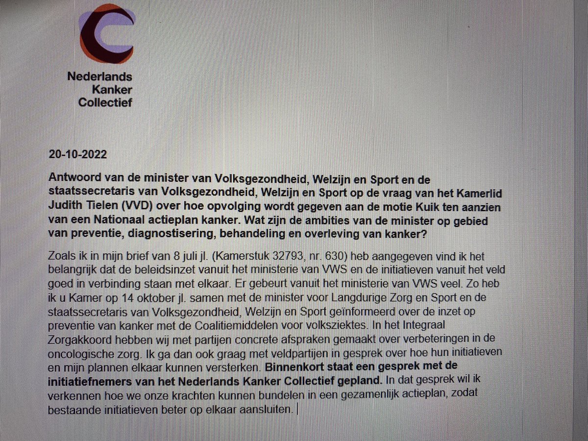 Nederlands Kanker Collectief (@nkckanker) on Twitter photo Vandaag antwoorden van minister van VWS <a href="/ministerVWS/">Jan Anthonie Bruijn</a> en staatssecretaris van VWS <a href="/MaartenOoijen/">Maarten van Ooijen</a> op de vragen van de Kamer naar aanleiding van de behandeling begroting VWS. Onder andere deze van kamerlid <a href="/JudithTielenVVD/">Judith Tielen</a>. Wij kijken uit naar ons gesprek! <a href="/IKNL/">IKNL</a> <a href="/kwf_nl/">KWFKankerbestrijding</a> <a href="/NFKkanker/">NFK</a> Vandaag antwoorden van minister van VWS <a href="/ministerVWS/">Jan Anthonie Bruijn</a> en staatssecretaris van VWS <a href="/MaartenOoijen/">Maarten van Ooijen</a> op de vragen van de Kamer naar aanleiding van de behandeling begroting VWS. Onder andere deze van kamerlid <a href="/JudithTielenVVD/">Judith Tielen</a>. Wij kijken uit naar ons gesprek! <a href="/IKNL/">IKNL</a> <a href="/kwf_nl/">KWFKankerbestrijding</a> <a href="/NFKkanker/">NFK</a>