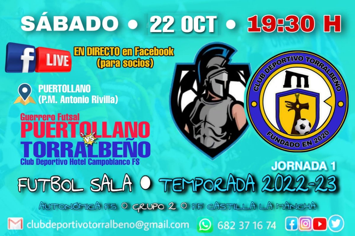 CDTORRALBENO's tweet photo. *Senior ➡️ Senior Autonómica Sala - Grupo 2 ☑ 1ª JORNADA.
Comienza una nueva e ilusionante temporada para el equipo Senior.
! Vamos Torralbeño ¡ 💪💪

🆚  Guerrero Futsal Puertollano
📅 Sábado, 22 de Octubre - 19:30 h.
🏠 Pabellón Municipal Antonio Rivilla

💙🤍💛 https://t.co/RSwnoClgMt