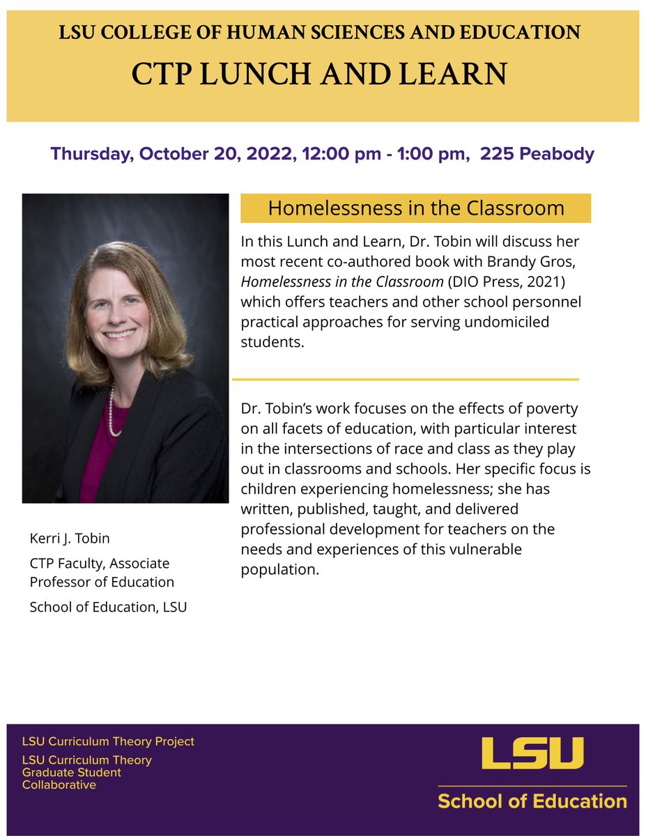 We can't wait for our Lunch and Learn Book Talk with LSU's own Dr. Kerri Tobin this afternoon at 12 in Peabody 225! See y'all there!
