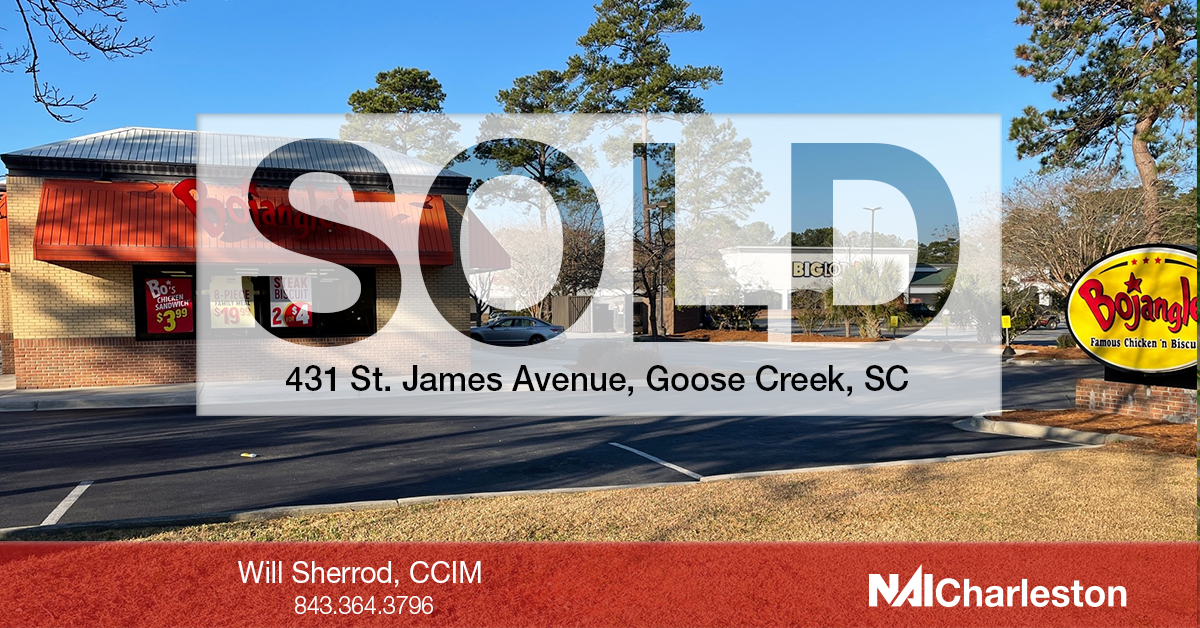 #SOLD:  ±3,280 SF former Bojangles located at 431 St. James Ave on a ±1 AC outparcel to the Trolley Square Shopping Center in #GooseCreek.
Will Sherrod, CCIM represented the seller &amp; the property sold for $2.125 mil.
Full PR: lnkd.in/ePuzkD3X
#CRE #commercialrealestate