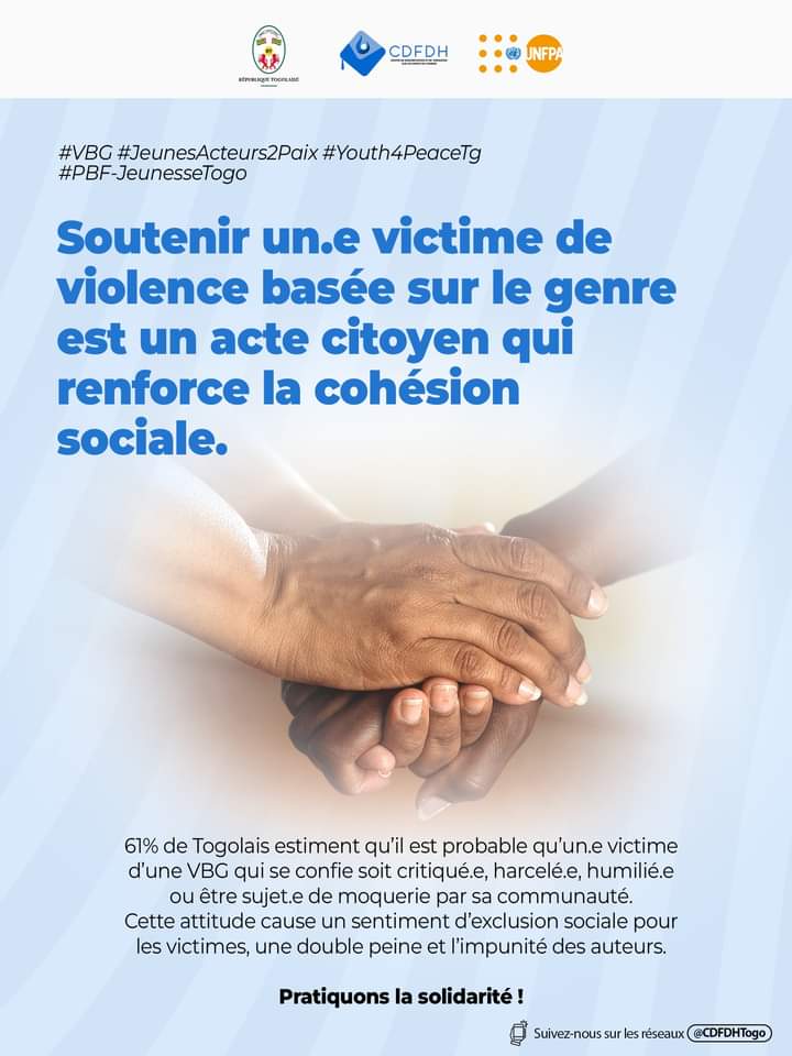 UNFPA_TOGO's tweet photo. Pour la cohésion sociale, montrons notre solidarité aux victimes de violences basées sur le genre.

@CdfdhT 
@UNPeacebuilding 

#VBG
#youth4peacetg 
#pbf_jeunessestogo
#JeunesActeurs2Paix https://t.co/blmLqUtcnY
