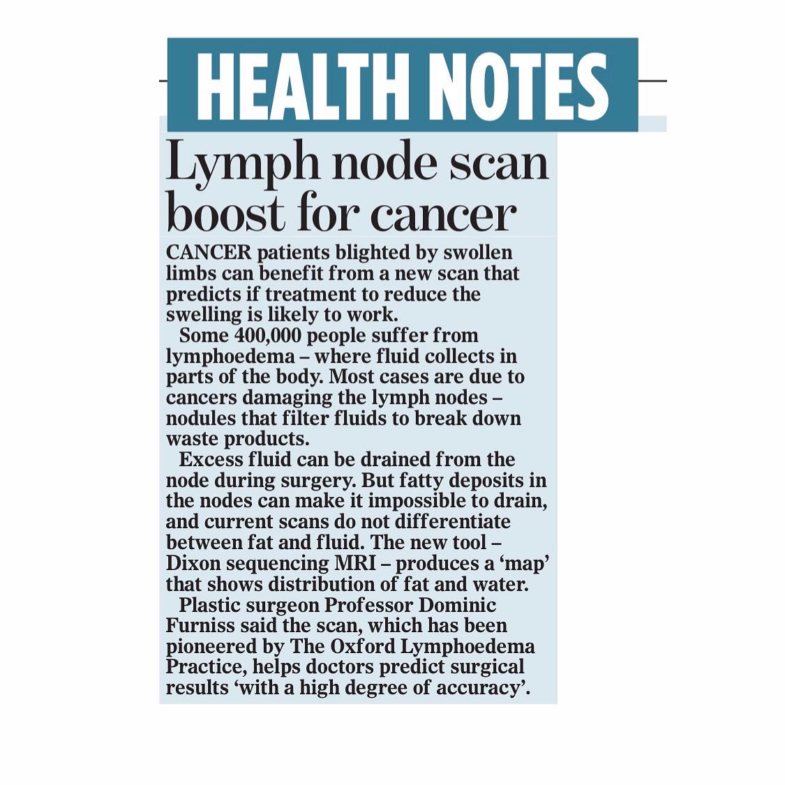 OxfordOLP's tweet photo. Did you see OLP in the news recently discussing the Dixon sequencing MRI? 🤩 📰 

Read more from the @DailyMailUK below! ⬇️ 

#Lymphoedema #AfterCancer #postcancer #lymphedema https://t.co/mzltpEI0v1