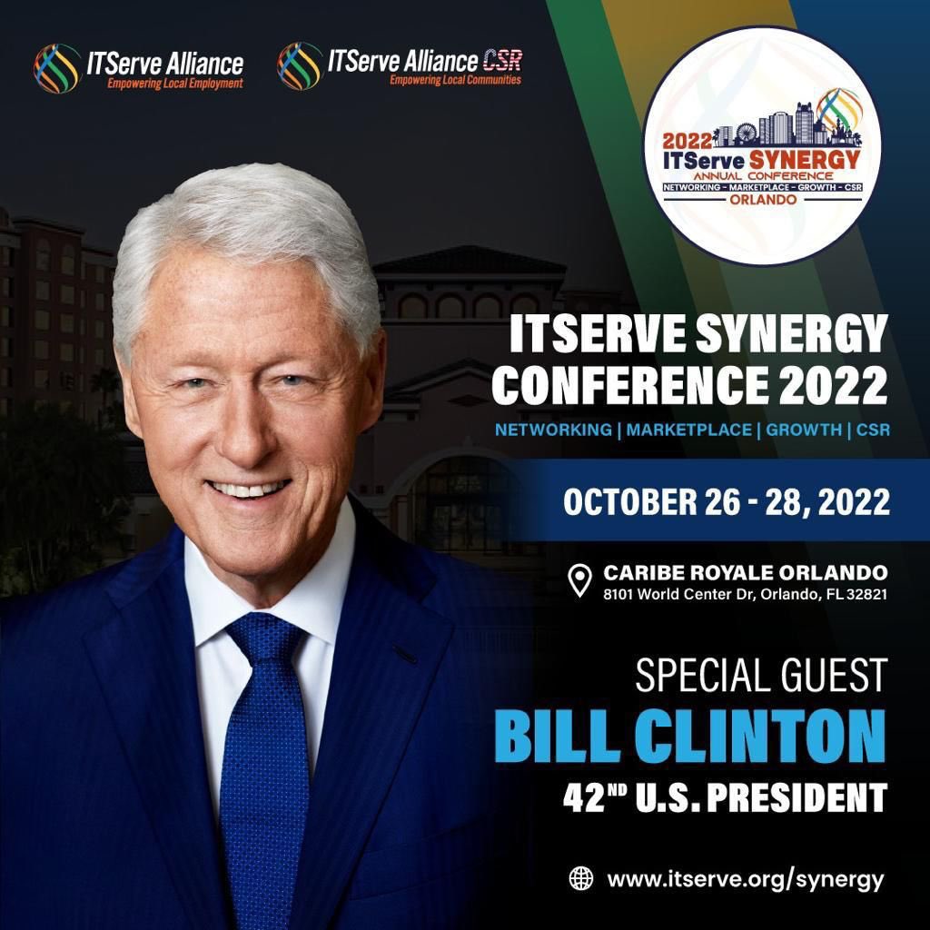 ITServeorg's tweet photo. Global Leader &amp; 42nd president of the United States Bill Clinton will join America’s largest association of IT companies convening #ITServeSynergy this October.
 
#ITServeSynergy2022 #ITServe #NetworkWithITServe #BillClinton https://t.co/sDZgB3JQIp