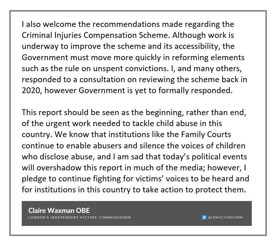 My statement on @InquiryCSA final report published today. Thanks to the 6,000 victims & survivors who bravely shared experiences. Your voices have been silenced for too long, & I am just sorry that today’s political events may overshadow them again. We’ll keep pushing for change.
