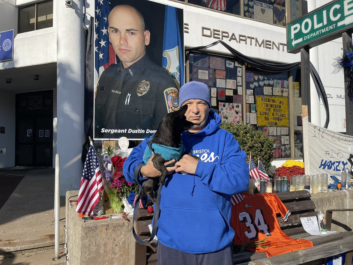 Jamie Perchiano visiting the memorial again for the now Lieutenant Dustin Demonte and Sergent Alex Hamzy <a href="/BristolCTPolice/">Bristol CT Police</a> Jamie says LT. Dustin Demonte’s words of inspiration helped him recover from alcoholism.  Jamie has been here everyday to pay his respects <a href="/FOX61News/">FOX61</a>