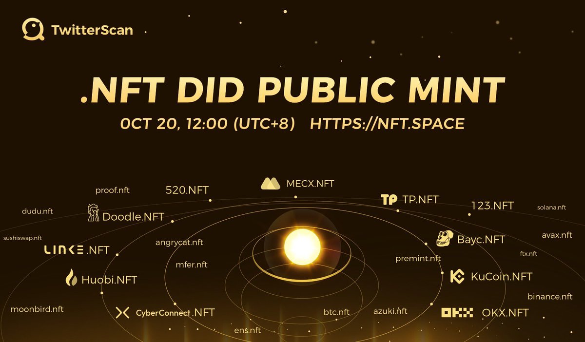 💥 #TwitterScan 【.nft 】ドメイン公開登録💥

1️⃣誰でも参加可能
2️⃣すべてのドメインが利用可能

🎟️PASSホルダー＆WLユーザーは、5と5位以上のドメイン名を1つ無料で登録できます（10/20-10/30）

📍▶︎nft.space

皆様の力を合わせて #NFT と #Web3 盛り上げて欲しいですね！💪💙🥰