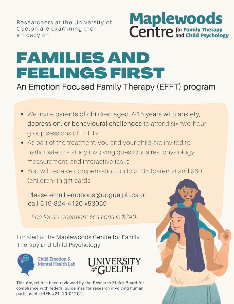 Low-cost Emotion Focused Family Therapy available in the Guelph, ON area through a research study

Contact emotions@uoguelph.ca for more info

Please RT and share!