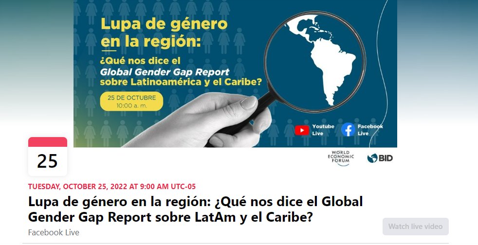 M. Caridad Araujo (@caridadaraujo) on Twitter photo Acompáñanos el 25 de octubre a las 10 am EST a una conversación con el Foro Económico Mundial <a href="/wef/">World Economic Forum</a> sobre cómo construyen el índice de su Global Gender Gap Report que describe el avance de los países en el cierre de las brechas de #género.
#FacebookLive: fb.me/e/1Uxqge7oc Acompáñanos el 25 de octubre a las 10 am EST a una conversación con el Foro Económico Mundial <a href="/wef/">World Economic Forum</a> sobre cómo construyen el índice de su Global Gender Gap Report que describe el avance de los países en el cierre de las brechas de #género.
#FacebookLive: fb.me/e/1Uxqge7oc