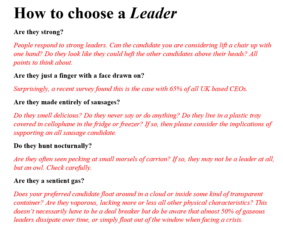 ArenaFlowers's tweet photo. Apropos of nothing in particular, here's how to choose a leader. https://t.co/rwT7mpMP0N