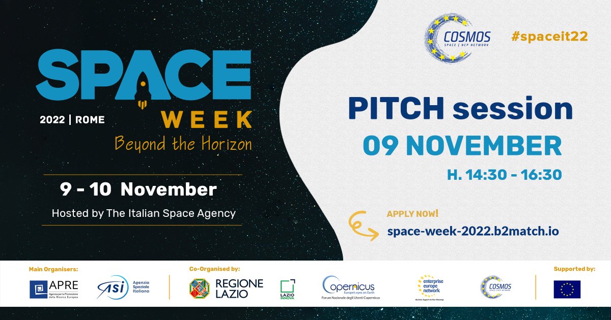 apre_it's tweet photo. ๐"Space Week 2022 - Beyond the Horizon" - Register and Join in: Pitch Session, 9 November | 14:30-16:00 ๐
๐ญ ๐ช Are you a researcher, entrepreneur or stakeholder? Take your chance!
๐ฃ๏ธJoin @EUSpaceNCPs at the Space Week 2022 Pitch Session
#spaceit22๐https://t.co/f5WbUmlC1Q https://t.co/zzDeYmF4W9