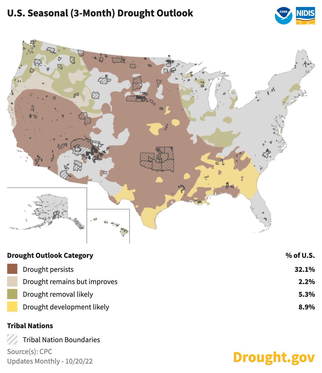 Drought.gov Launches New Map Feature for Tribal Nations Display boundaries for the more than 300 reservations on any of the maps on Drought.gov, including this week’s #DroughtMonitor and updated @NWSCPC Seasonal Outlook. drought.gov/news/droughtgo… @NOAA