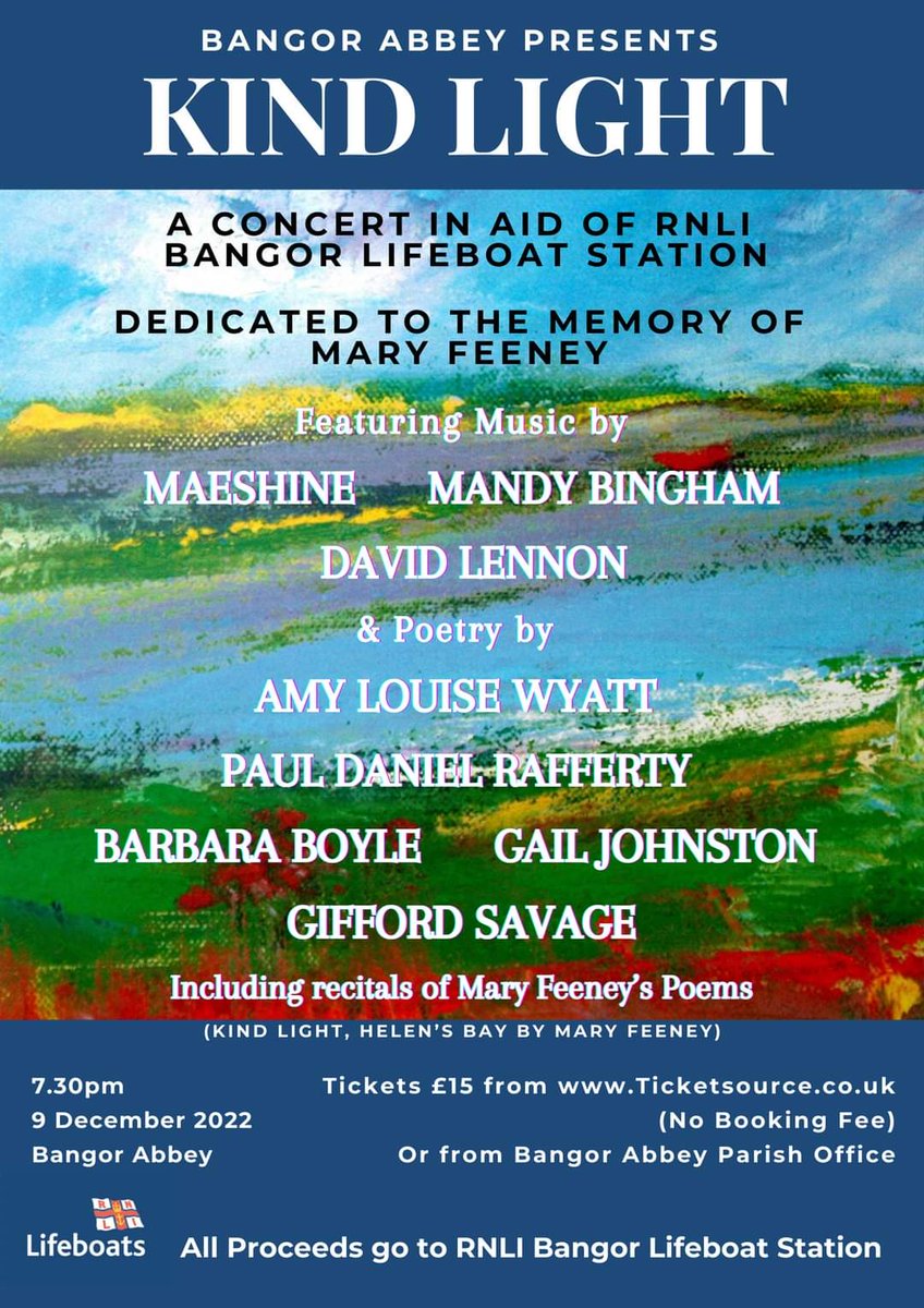 rafferty_paul's tweet photo. It's a huge honour to be taking part in this concert with such a talented array of artists, in memory of our dear friend Mary Feeney.
All proceeds going to @RNLI Bangor.
Please come along if you can, it's sure to be a really special night. 💚
#Kindlight
#Music
#Poetry
#Art https://t.co/5SMYf0BQ6a