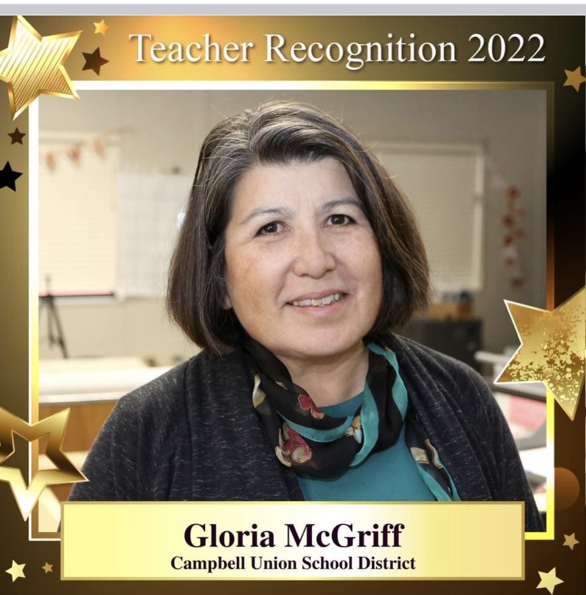 The 52nd Annual Teacher Recognition Celebration is on October 24, 2022. Campbell Union School District’s teacher of the year is Gloria McGriff! More information on the Santa Clara County Teacher Recognition Celebration can be found on the SCCOE website: sccoe.org/trc